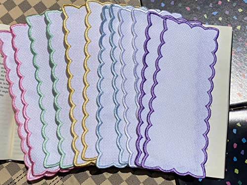 12 pcs Colored Scallop Embroidery Edged Blank Cross Stitch Bookmark for DIY,aida Fabric Edged Cross Stitch Book Mark Blank to Cross Stitch