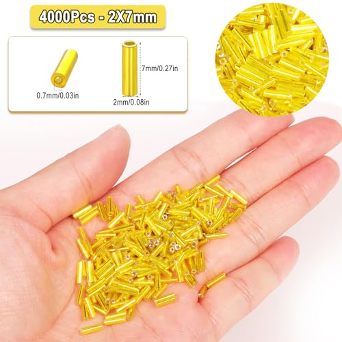 4000pcs Yellow Bugle Beads Bulk -Embroidery Beads,Long Tube Bead for Jewelry Making, Bracelet Necklaces Supplies,Craft DIY(7x2mm) - color: Yellow