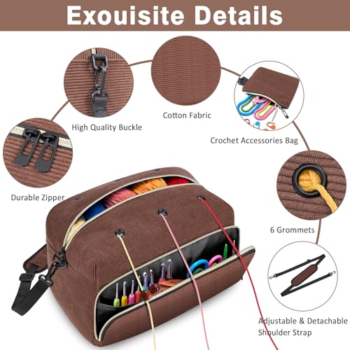 IBFUN Crochet Yarn Knitting Bag Organizer for Knit Accessories Hooks - color: L-Brown, size: Large