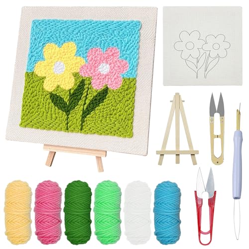 Woohome Punch Needle Starter Kit, Punch Needle Embroidery Kit Frame with Punch Needle Fabric, Hoop, Yarns, Punch Needle for Beginner (Chrysanthemums) - color: Color 39
