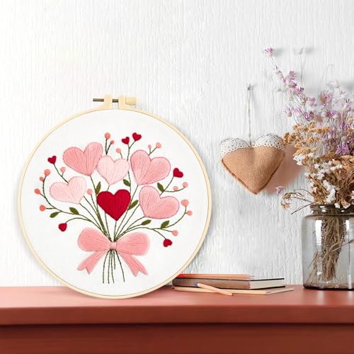 Heart Flower Embroidery Kits for Beginners Adults, Pink Embroidery Starter Kits, Counted Cross Stitch Kits for Adults Anniversary Valentine's Day Gift, Embroidery Hoops, Fabric Thread & Video Tutorial - color: H2033, size: 8Inch