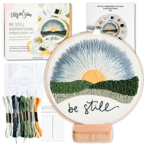 Elly & Grace Christian Embroidery Kit with Embroidery Hoop, Easy Embroidery Kit for Beginners and Adults, Full Embroidery Hoop Kit with Needles and Thread Included (Be Still) - style: Be Still