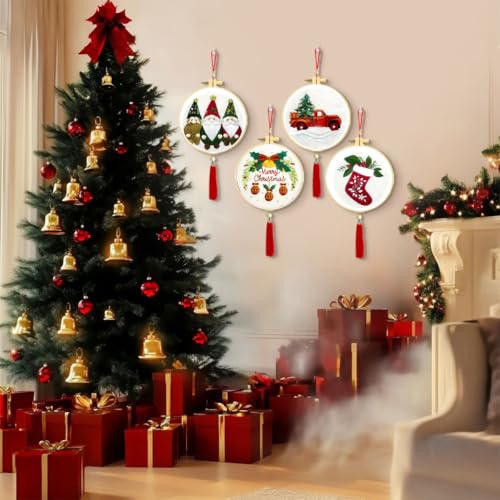 Zhenqing Christmas Embroidery Kit for Beginners - 4 Piece 29x29cm Round Hoop Art with Pre-Printed Cotton Fabric, Embroidery Hoop, Threads & Tools (Merry Christmas, Stocking, Truck, Gnomes) - style: Merry Christmas+Stocking +Truck+Gnomes