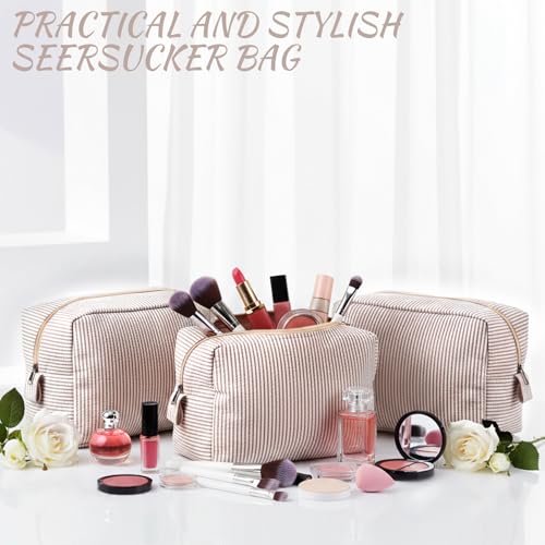Sanwuta 3 Pcs Seersucker Makeup Bags, Khaki - color: Khaki