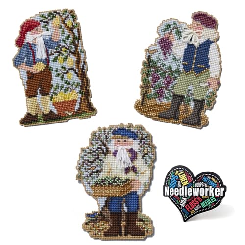 ThingamaJungle Mill Hill Mediterranean Santa Set (2024) Set of 3 Beaded Cross Stitch Kits Including Lemon Grove, Olive Harvest and Vinyard Santas, Plus Decorative 'Needleworker' Sticker