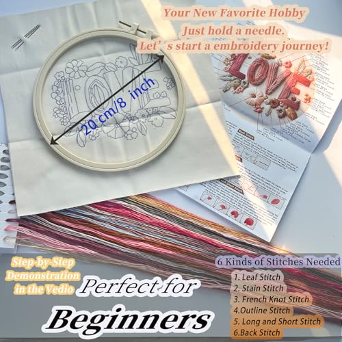 FONNUY I Love You Embroidery Kit for Beginners, Pre-Stamped Pattern Kits, Romantic Anniversary for Women Men, Valentine's Day Gifts Thread Needlework, 8'' Hoop (Love 01) - color: Love 01