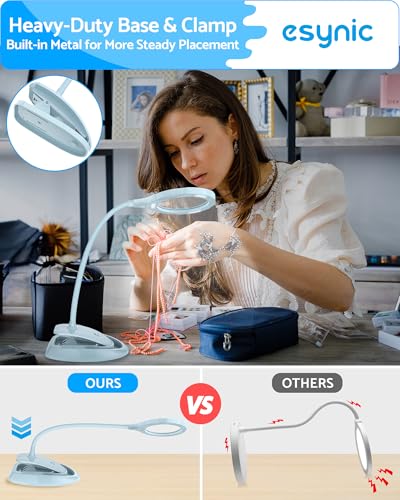 eSynic Magnifier Lamp with Light - 5X & 10X 110mm Large Lens with 15 LED Lights & USB-C Rechargeable Charging- With Flexible Gooseneck Adjustable Dual Clip& Base Mount for Crafts, Reading & Close Work