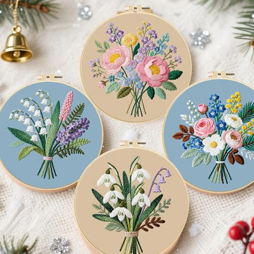 FREEBLOSS 4 Sets Embroidery Kit for Beginners Needlepoint Bouquet Stamped Embroidery Starter Kit with Instructions, Needles, Threads, 2 Hoops 11.6"/29.5CM - style: Bouquet