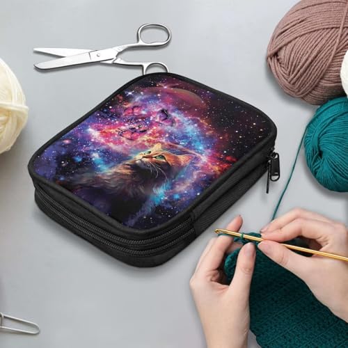 Kathyboom Galaxy Cat Crochet Hooks Case Large Capacity Empty Zipper Bags Portable Travel Crochet Storage Bag Organizer with Web Pocket and Crochet Holder Slots for Crochets Needles - color: Galaxy Cat