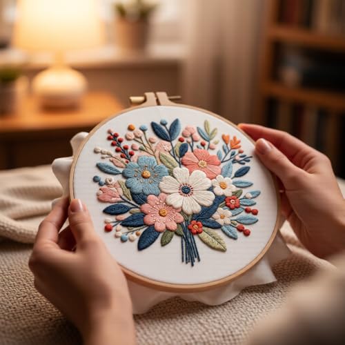 Embroidery Kit for Beginners & Adults Starter Kit, Cross Stitch Kits,DIY Hand Embroidery Needlepoint Set with Hoop, Pre-Printed Fabric, Threads and Instructions (Flower-4) - color: Flower-4