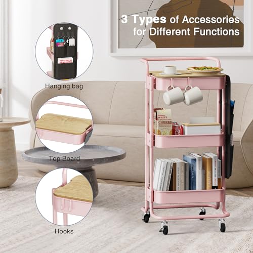 DTK 3-Tier Rolling Cart with Table Top, Metal Utility Cart with Side Bags - color: Pink, size: Large