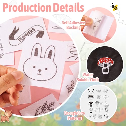 Magibeads 68 Patterns Animal Mushroom Water-Soluble Embroidery Dog Cat Flower Ladybug Dragonfly Stick and Stitch Embroidery Paper Starter Kit for Hand Sewing Beginners Adult - color: Animal & Plant