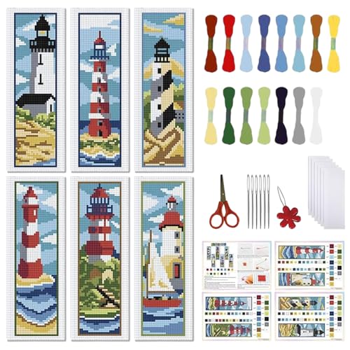 FREEBLOSS 6 Set Cross Stitch Bookmark Kit 11CT Lighthouse Scenery Pattern - style: LightHouse