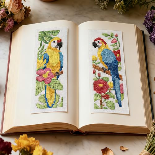 INFUNLY 6PCS Parrot Cross Stitch Bookmark Kits 3×8.5inch Bookmark Making Kit for Beginners Birds DIY Stamped Embroidery Bookmarks with Instruction for Book Lovers Reader Writers - style: Parrot