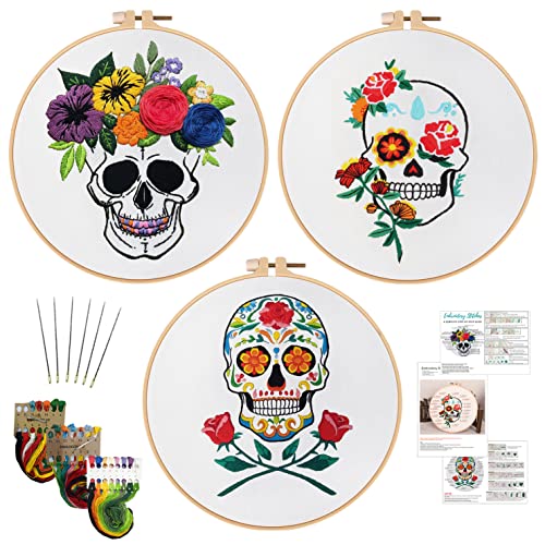 Nuberlic 3 Pack Embroidery Kit for Beginners, Halloween Skull Cross Stitch - color: Kit 6