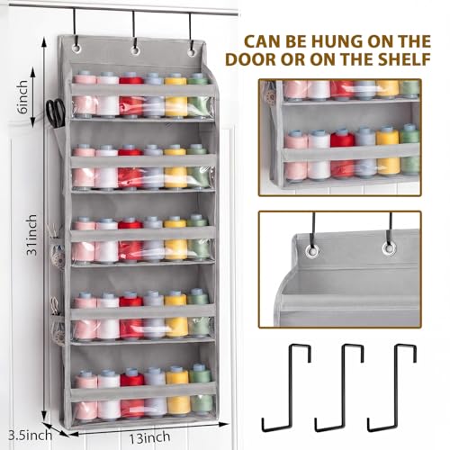 Tegeme 5-Tier Hanging Thread Holder with PVC Window & Side Pocket,Gray - color: Gray