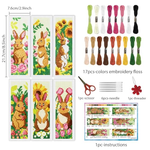 INFUNLY 6 Set Brown Rabbit DIY Cross Stitch Bookmark Kits for Adults Flowers Counted Cross Stitch Kit with Instructions Bunny Stamped Embroidery Bookmark Kit for Book Lovers Readers Gift - style: Rabbit