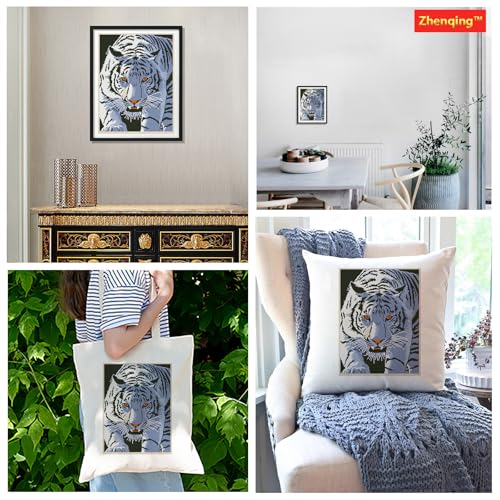 Zhenqing White Tiger Stamped Cross Stitch Kit for Beginners, 11CT Printed Full Coverage Tiger Portrait Pattern, 38 x 48 cm DIY Wildlife Animal Embroidery Needlework Set, No Hoop Needed - color: White Tiger Gaze