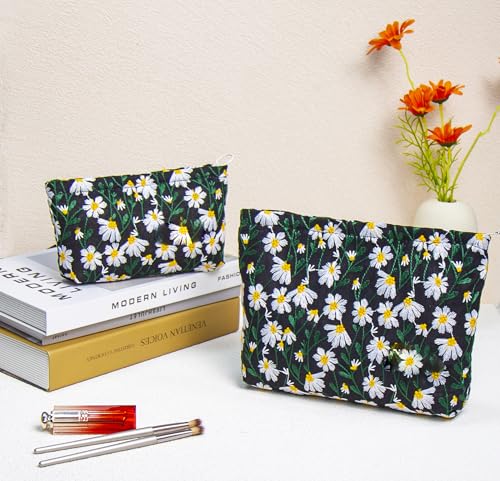 getgto 2 Pcs Makeup Bags, Large Cosmetic Bag Travel Toiletry Bag - color: Black Green Daisy