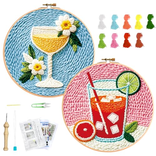 BEUNITONE 2Pcs Drinks Punch Needle Kit for Adults Beginners, Complete Embroidery Craft Kit Needlepoint Kits for Adults with Hoop, Punch Needle Starter Craft Set for Gifts and Home Decor 20x20CM - color: 14-Drinks