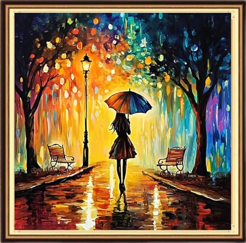 Redxing Counted Cross Stitch Kit for Beginners,Unprinted Needlepoint Kits for Beginners Cross Stitching Embroidery Kit 11CT Stitches kit-Silhouette of a Girl on a Rainy Night 18x18 inch - color: KitsColor12
