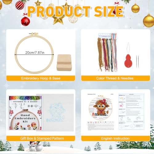 Christmas Highland Cow Embroidery Kit for Beginners Adults Easy Embroidery Starter Kit Highland Cow Christmas Hat Cross Stitch Kits Embroiderys Hoop Needlepoint Kits with Instruction Needles Thread - color: Christmas Highland Cow