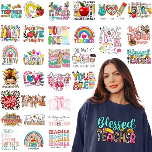 Kaciola 30 Sheets Teacher DTF Transfers Ready to Press, School Iron on Transfers Stickers Iron on Decals for T Shirts Hoodie DIY Crafts - color: Teacher