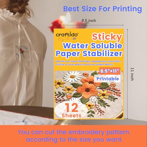 Craftido 8.5"x11" 12PCS Sticky Water Soluble Embroidery Stabilizer - size: 12PCS 8.5"x11"