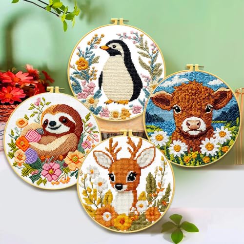 FEIYUENO 4 Set Highland Cow Cross Stitch Embroidery Kit for Adults (Animal) - color: Animal