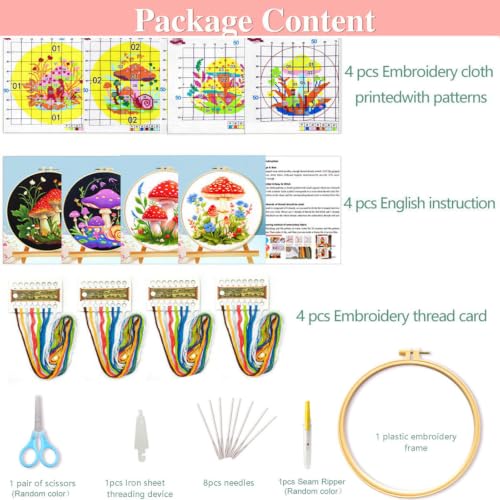 FEIYUENO 4 Pack Cute Plant Cross Stitch Embroidery Kit for Adults, Mushroom - color: Mushroom