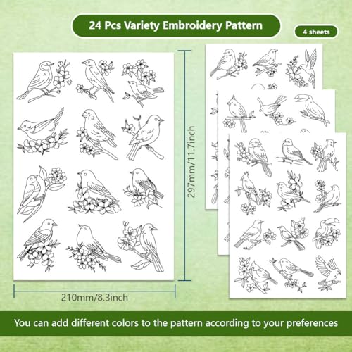 FREEBLOSS 48Pcs Water Soluble Embroidery Patterns Hand Sewing Stabilizer Embroidery Stickers Birds Theme Water Soluble Stabilizer for Clothing Repair 4 Sheets