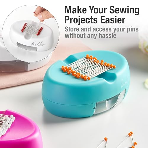 Beaditive Magnetic Pin Cushion with Drawer - Strong Magnet Pin Holder Cushion for Sewing - 50 Glass Head Quilting Pins Included - Chic Pincushion Caddy for Sewing Pins, Paper Clips, Screws – Turquoise - color: Turquoise