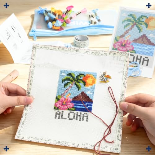 Kaitiaki 18 mesh Needlepoint Canvas Kit, 8 in Painted Canvas Set with Embroidery Floss, Needles, Guide Card, Instruction, Threader, Scissors & Project Bag for Crafter Gift(Hawaii) - color: Hawaii, size: 18 mesh