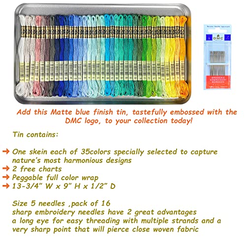 DMC Embroidery Floss, 35 Colors Scenic Tin Bundle with Hand Needles Size 5.