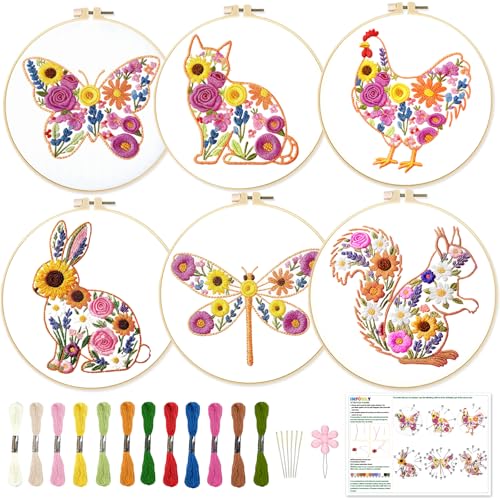 INFUNLY 6 Pack Animal Flowers Embroidery Starter Kit for Beginners Butterfly Cat DIY Embroidery Kits for Adults Rooster Squirrel Stamped Needlepoint Set with Step-by-Step Instruction Craft Lover Gift - style: Animal Flowers