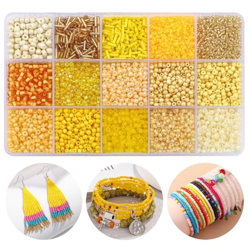 15 Color Glass Seed Tube Bugle Beads Bracelet Jewelry Making Kit,Yellow - color: yellow