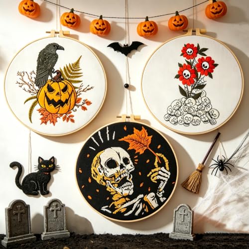 Gothic Halloween Embroidery Starter Kit for Beginners Adults, Stamped Cross Stitch Kit Needlepoint Kit for Beginner Adult, 3 Embroidery Hoop 3 Set Embroidery Supplies (Attached Teaching Video QR Code) - color: White