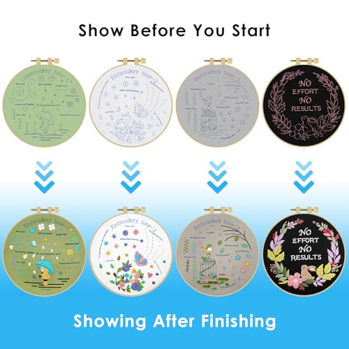 ERKOON 4 Pack Beginner Embroidery Kits for Adults DIY Starter Kit with 33 Stitch Techniques, Stamped Patterns, Embroidery Hoop, Colorful Threads, Tools, Step by Step Instructions & Video Tutorial - color: Embroidery-time1/2/3
