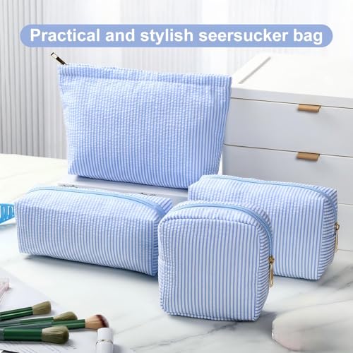 Sanwuta 4 Pcs Seersucker Pouch Striped Makeup Bag Set, Acid Blue - color: Blue