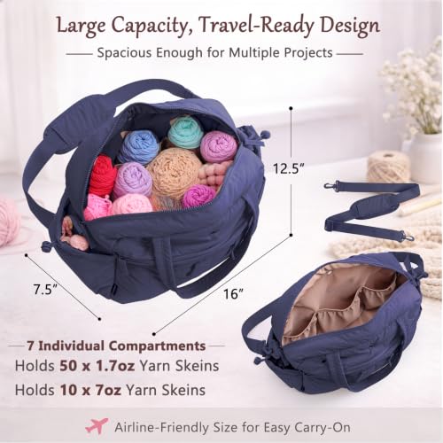 MYBAGZING Large Crochet Bag Organizer w/Crochet Hook Case & Yarn Grommets - color: Navy
