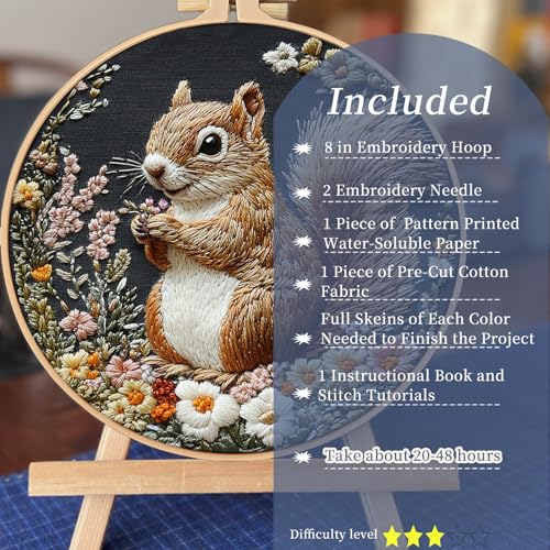 FONNUY Funny Squirrel Floral Embroidery Kit, Cross Stitch Kits for Beginners, Handmade Crafts with Printed Patterns for Beginner Adults, Color Thread Needlework, 8'' Hoop (Smart) - color: Smart