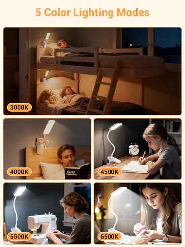 Clip on Light,45 Lighting Modes Rechargeable Desk Lamp with Clamp - color: White