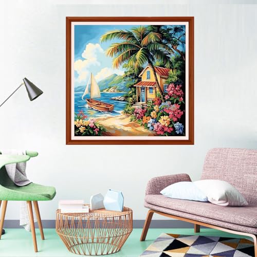 Redxing Counted Cross Stitch Kit for Beginners,Unprinted Needlepoint Kits for Beginners Cross Stitching Embroidery Kit 11CT Stitches kit-Seaside Scenery 18x18 inch - color: Setpattern07
