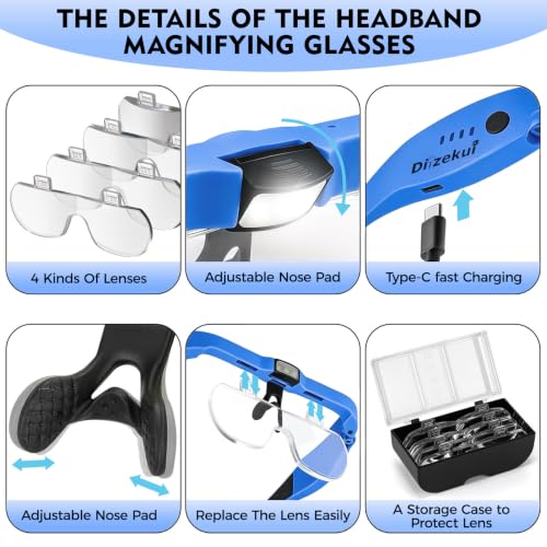 Dilzekui Magnifying Glass w/Light,1.5X-5X Magnifying Glasses Acrylic Lenses - color: Blue