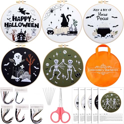 Tigeen 5 Sets Halloween Embroidery Kits for Adult Starter Beginners Ghost Spooky Bat Halloween Stamped Cross Stitch Ornament Kit with Instruction Embroidery Hoop Needle Storage Bag Threads Scissors
