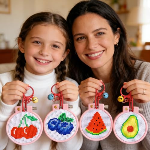 VIGEGU 8 Pack Fruit Stamped Cross Stitch Kits for Kids Beginners with Frame - color: Fruit