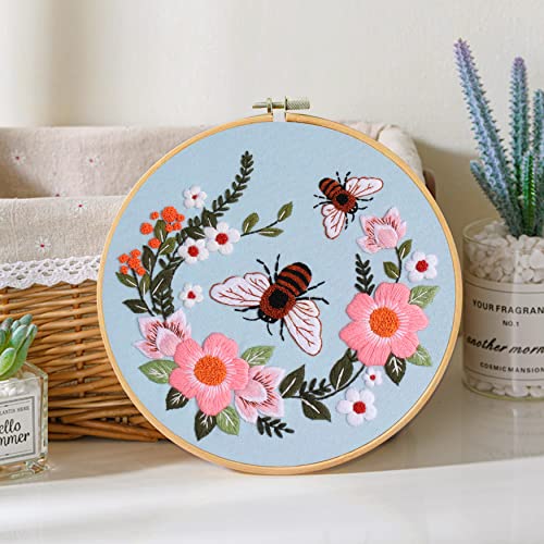 Santune 3 Pack Bee Embroidery Kit for Beginners Adult Cross Stitch Kits Hand Embroidery with Animal Patterns and Instructions,DIY Sets for Women with Hoop,Threads and Needles - color: Bee Series