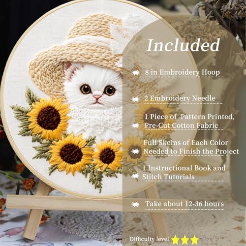 FONNUY White Kitten Embroidery Kit, Sunflowers Cat Lace Hat Cross Stitch Kits for Beginners, Handmade Crafts with Printed Patterns for Adults, Color Thread Needlework, 8'' Hoop (Cat 03) - color: Cat 03