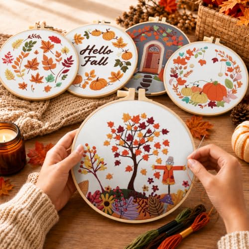 5 Sets Fall Embroidery Kits for Beginners, Autumn Pumpkins and Maple Leaves Embroidery Starter Kit for Adults Thanksgiving Gifts with Stamped Pattern DIY Needlepoint Kit Cross Stitch Set with 2 Hoops - size: Fall