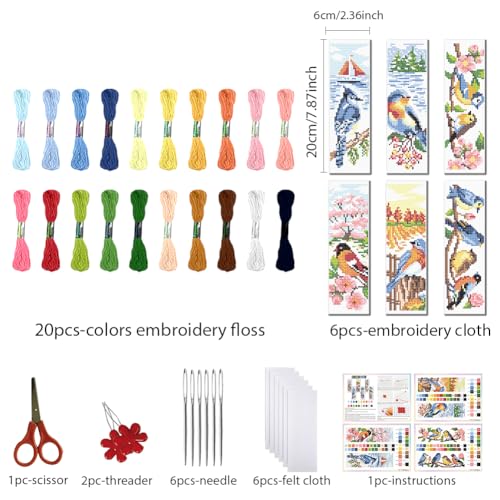FREEBLOSS 6 Set Cross Stitch Bookmark Kit Stamped Cross Stitch Kit Four Flower and Birds Pattern Embroidery Set with Instruction for Adults 8''*2.4'' - style: Season Birds
